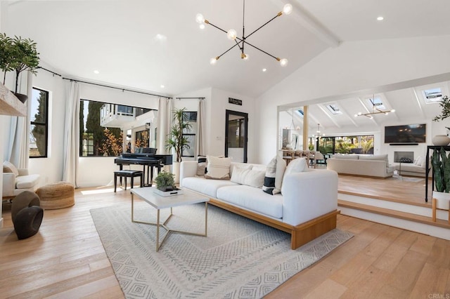1368 Hymettus Ave, Encinitas, CA 92024 - living area featuring beam ceiling, a chandelier, light wood-type flooring, high vaulted ceiling, and recessed lighting