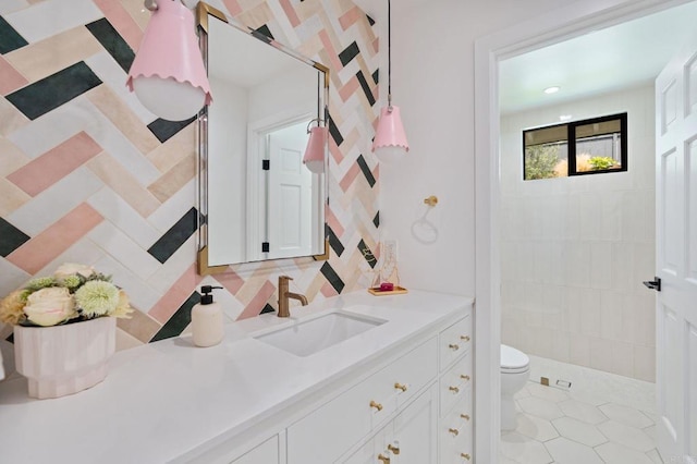 1368 Hymettus Ave, Encinitas, CA 92024 - full bathroom featuring vanity, a tile shower, decorative backsplash, and tile patterned floors