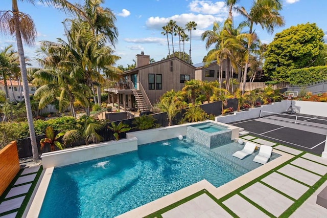 1368 Hymettus Ave, Encinitas, CA 92024 - outdoor pool with an in-ground hot tub, a tennis court, and stairway