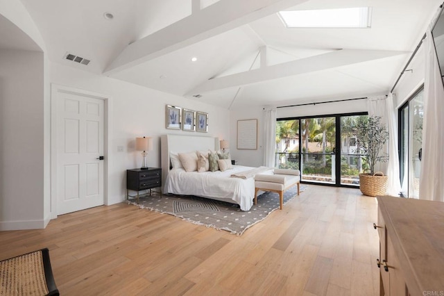 1368 Hymettus Ave, Encinitas, CA 92024 - bedroom with access to outside, light wood finished floors, beamed ceiling, recessed lighting, and arched walkways