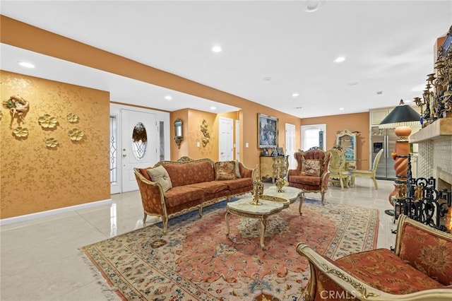 16900 Mayall St, North Hills, CA 91343 - living area with baseboards, recessed lighting, a fireplace, and wallpapered walls