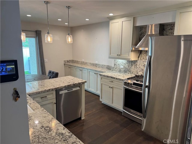 30724 Calle Resplendor, San Juan Capistrano, CA 92675 - kitchen featuring appliances with stainless steel finishes, dark wood-type flooring, decorative backsplash, white cabinets, and recessed lighting