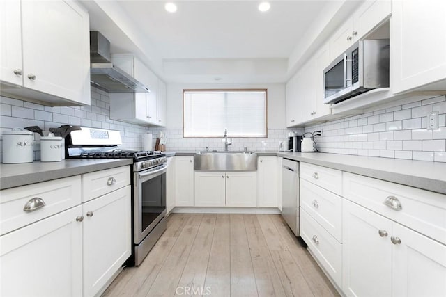 11911 Magnolia Blvd Unit 19, Valley Village, CA 91607 - kitchen featuring a sink, appliances with stainless steel finishes, wall chimney exhaust hood, white cabinetry, and backsplash