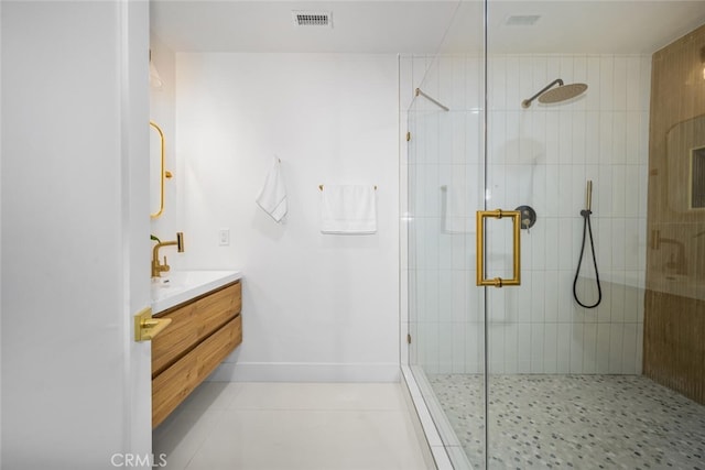 3209 Lakeknoll Dr, Fullerton, CA 92835 - full bath with vanity, a shower stall, tile patterned flooring, and baseboards