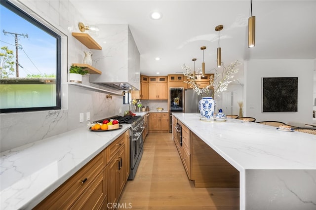 3209 Lakeknoll Dr, Fullerton, CA 92835 - kitchen featuring stainless steel appliances, brown cabinetry, recessed lighting, decorative backsplash, and glass insert cabinets