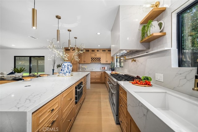 3209 Lakeknoll Dr, Fullerton, CA 92835 - kitchen featuring high end range, tasteful backsplash, open shelves, brown cabinetry, and recessed lighting