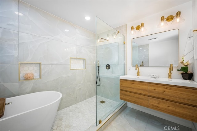 3209 Lakeknoll Dr, Fullerton, CA 92835 - full bathroom featuring a walk in shower, vanity, a freestanding tub, and marble finish flooring