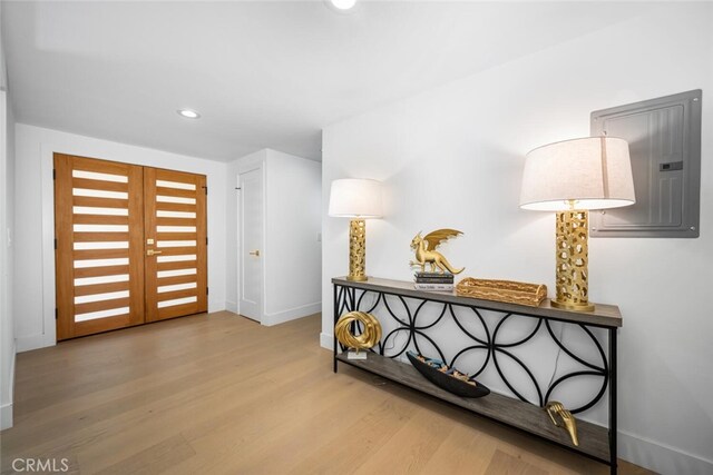 3209 Lakeknoll Dr, Fullerton, CA 92835 - entrance foyer featuring electric panel, baseboards, wood finished floors, and recessed lighting