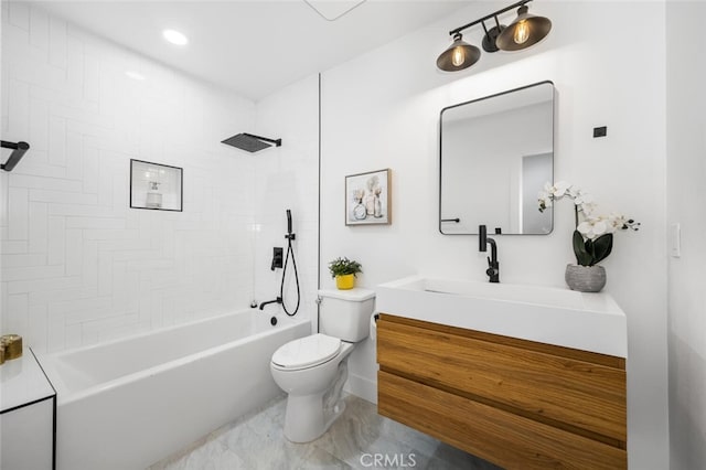 3209 Lakeknoll Dr, Fullerton, CA 92835 - full bathroom featuring toilet, vanity, bathtub / shower combination, and marble look tiles
