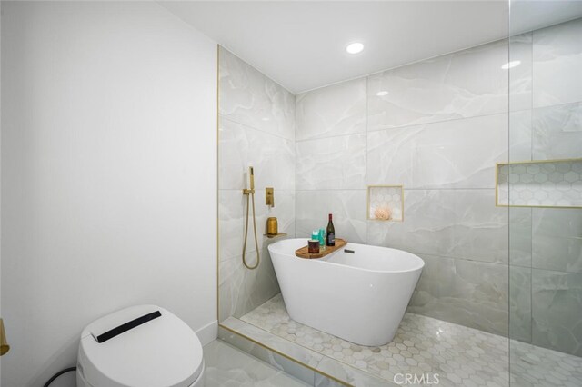 3209 Lakeknoll Dr, Fullerton, CA 92835 - full bath with a soaking tub, a walk in shower, toilet, and tile walls