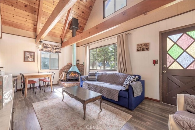 1100 Sugarloaf Blvd, Big Bear City, CA 92314 - living area with a wood stove, wood ceiling with exposed beams, wood finished floors, high vaulted ceiling, and baseboards