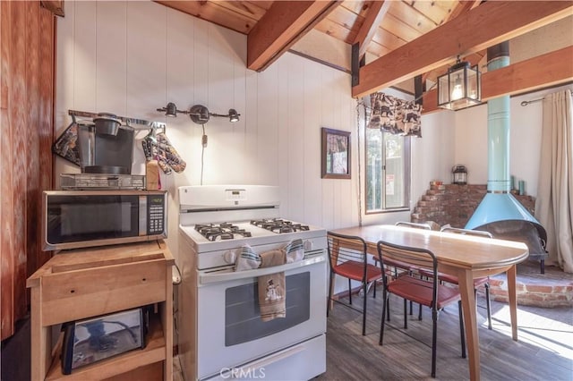 1100 Sugarloaf Blvd, Big Bear City, CA 92314 - kitchen featuring white range with gas cooktop, stainless steel microwave, wood finished floors, and wood ceiling