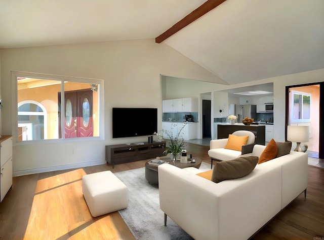 1295 Buenos Ave, San Diego, CA 92110 - living area with beamed ceiling, wood finished floors, and high vaulted ceiling