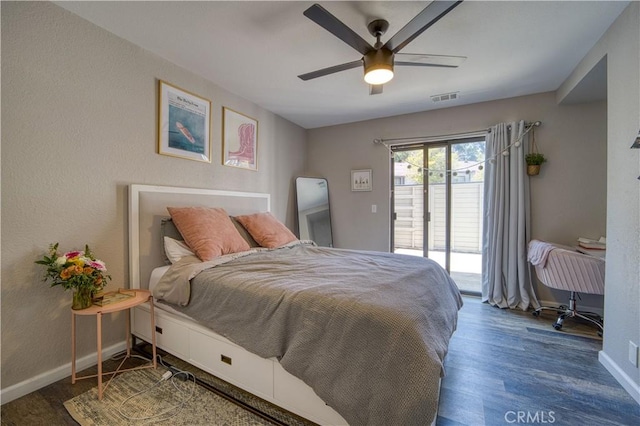 45 Stenner St Unit E, San Luis Obispo, CA 93405 - bedroom with access to outside, baseboards, wood finished floors, and ceiling fan