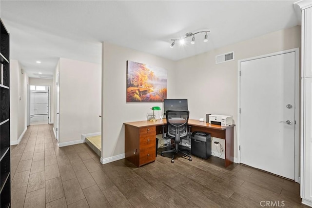 23291 Via Gaudix, Mission Viejo, CA 92691 - home office featuring dark wood finished floors, baseboards, and recessed lighting