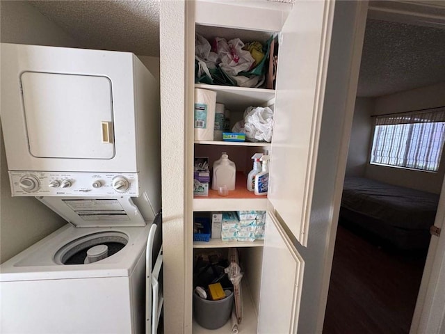 610 S Santa Fe St Unit 2, Hemet, CA 92543 - laundry area with stacked washer / drying machine and a textured ceiling