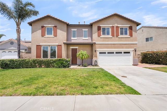 11868 Amethyst Ct, Jurupa Valley, CA 91752 - view of front of property with stucco siding, an attached garage, driveway, a front lawn, and a tiled roof
