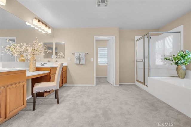 11868 Amethyst Ct, Jurupa Valley, CA 91752 - full bath with a shower stall, carpet floors, double vanity, baseboards, and a bath