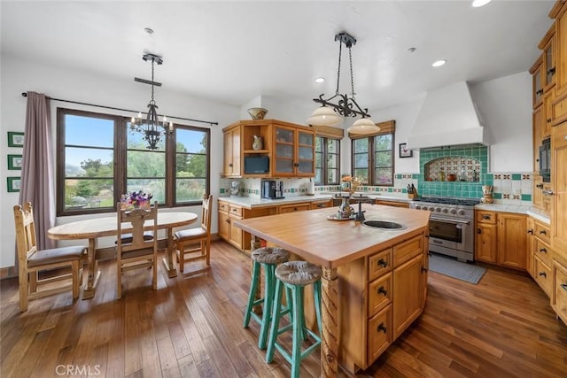 4950 Davenport Creek Rd, San Luis Obispo, CA 93401 - kitchen with stainless steel range, premium range hood, wooden counters, dark wood-style floors, and healthy amount of natural light