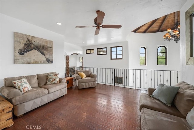4950 Davenport Creek Rd, San Luis Obispo, CA 93401 - living area with a ceiling fan, dark wood finished floors, recessed lighting, and arched walkways