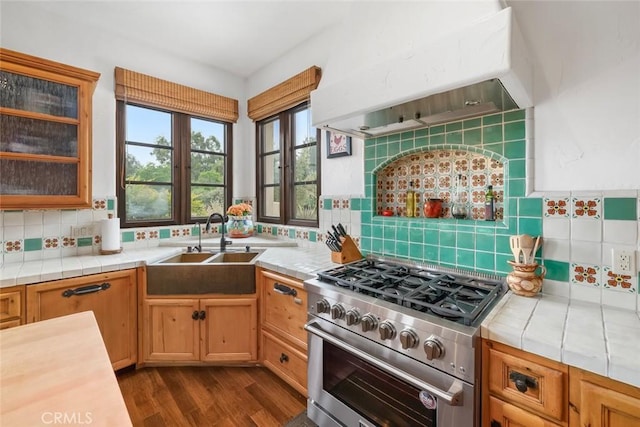 4950 Davenport Creek Rd, San Luis Obispo, CA 93401 - kitchen with custom range hood, stainless steel range, dark wood-style flooring, and decorative backsplash