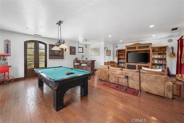 4950 Davenport Creek Rd, San Luis Obispo, CA 93401 - game room featuring pool table, arched walkways, hardwood / wood-style flooring, recessed lighting, and french doors