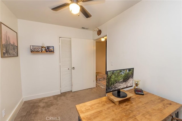 33310 Conway Dr, Running Springs, CA 92308 - carpeted home office featuring ceiling fan and baseboards