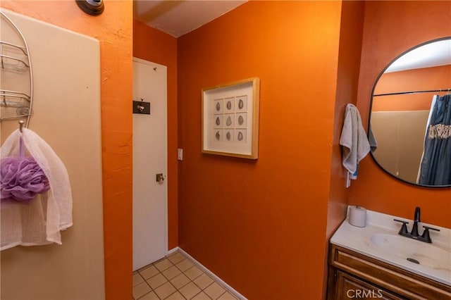 33310 Conway Dr, Running Springs, CA 92308 - full bathroom featuring vanity, tile patterned floors, and a shower with shower curtain