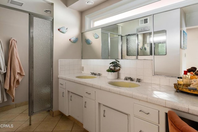 85 Gardenia Ct, Upland, CA 91786 - full bath featuring a stall shower, double vanity, tile patterned floors, and backsplash