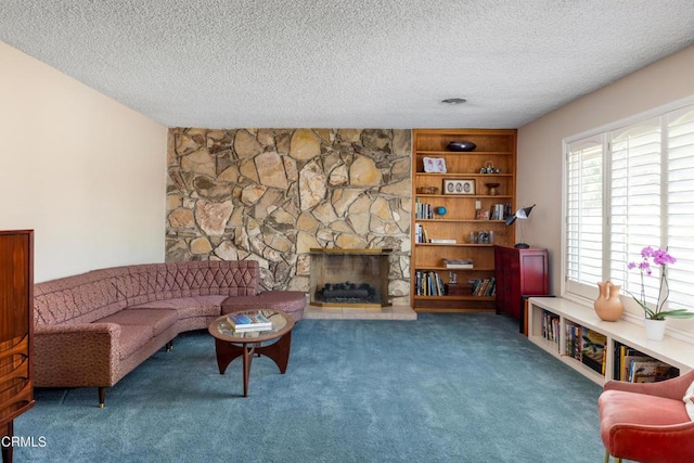 85 Gardenia Ct, Upland, CA 91786 - carpeted living area featuring a stone fireplace and a textured ceiling
