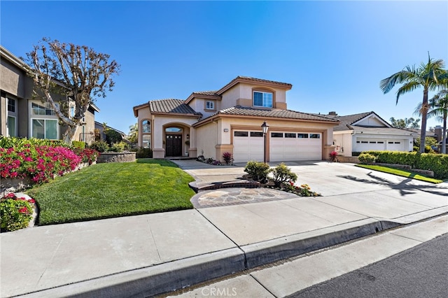 2811 N Preston St, Orange, CA 92867 - mediterranean / spanish-style home with stucco siding, a tile roof, a front yard, concrete driveway, and a garage