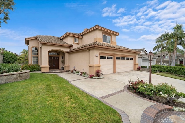 2811 N Preston St, Orange, CA 92867 - mediterranean / spanish home with stucco siding, concrete driveway, a front yard, and a tiled roof