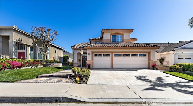 2811 N Preston St, Orange, CA 92867 - mediterranean / spanish house with driveway, stucco siding, a garage, a tiled roof, and a front lawn