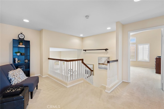 2811 N Preston St, Orange, CA 92867 - hallway with an upstairs landing, carpet flooring, baseboards, and recessed lighting