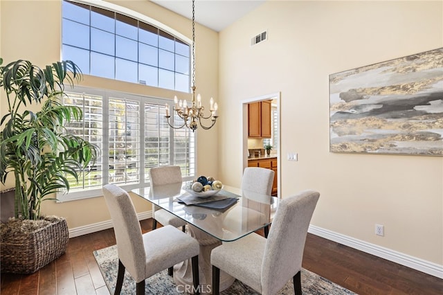 2811 N Preston St, Orange, CA 92867 - dining space featuring a chandelier, baseboards, dark wood finished floors, healthy amount of natural light, and a high ceiling
