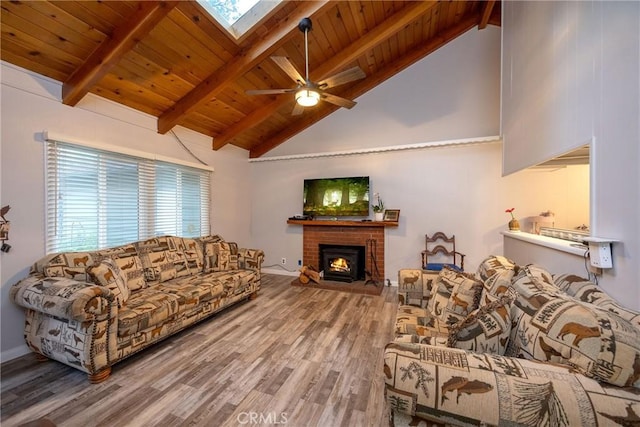 913 W Rainbow Blvd, Big Bear City, CA 92314 - living room with wood finished floors, high vaulted ceiling, wooden ceiling with exposed beams, ceiling fan, and a fireplace