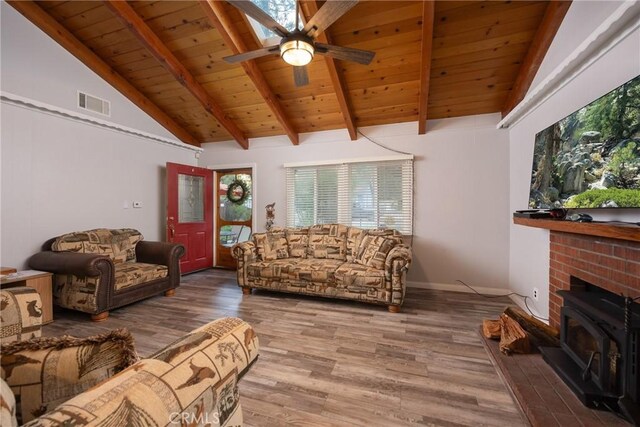 913 W Rainbow Blvd, Big Bear City, CA 92314 - living room with a wood stove, wood ceiling, wood finished floors, and ceiling fan