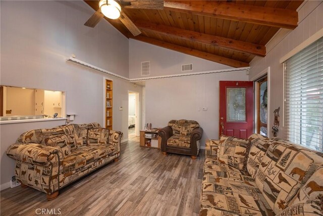913 W Rainbow Blvd, Big Bear City, CA 92314 - living room featuring wooden ceiling with exposed beams, ceiling fan, wood finished floors, and high vaulted ceiling