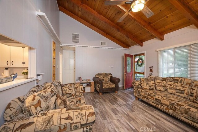 913 W Rainbow Blvd, Big Bear City, CA 92314 - living area featuring high vaulted ceiling, wood ceiling with exposed beams, wood finished floors, and ceiling fan