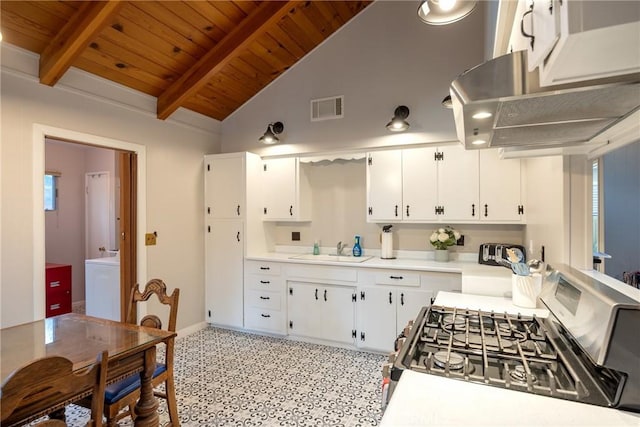913 W Rainbow Blvd, Big Bear City, CA 92314 - kitchen with stainless steel range with gas stovetop, a sink, wooden ceiling, light countertops, and white cabinetry