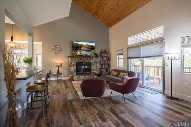 1315 Sequoia Dr, Lake Arrowhead, CA 92352 - living room featuring high vaulted ceiling, dark wood-style flooring, a fireplace, and wooden ceiling