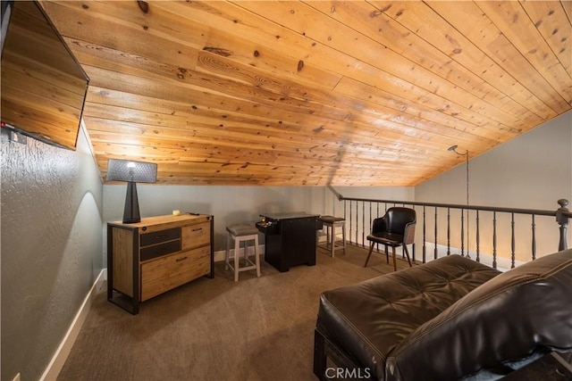 1315 Sequoia Dr, Lake Arrowhead, CA 92352 - living area featuring carpet flooring, vaulted ceiling, and wood ceiling