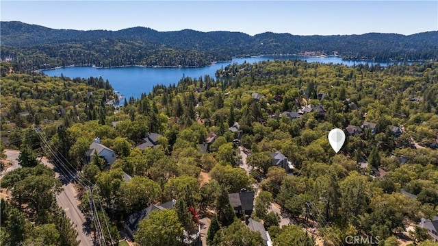 1315 Sequoia Dr, Lake Arrowhead, CA 92352 - aerial view of property and surrounding area with a heavily wooded area and a water and mountain view