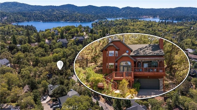 1315 Sequoia Dr, Lake Arrowhead, CA 92352 - aerial view of property and surrounding area with a forest and a water and mountain view
