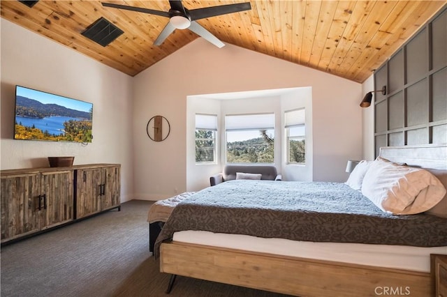1315 Sequoia Dr, Lake Arrowhead, CA 92352 - carpeted bedroom with vaulted ceiling, a ceiling fan, wood ceiling, and baseboards