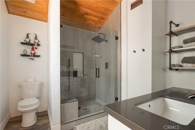 1315 Sequoia Dr, Lake Arrowhead, CA 92352 - bathroom featuring a stall shower, toilet, wood finished floors, wooden ceiling, and vanity