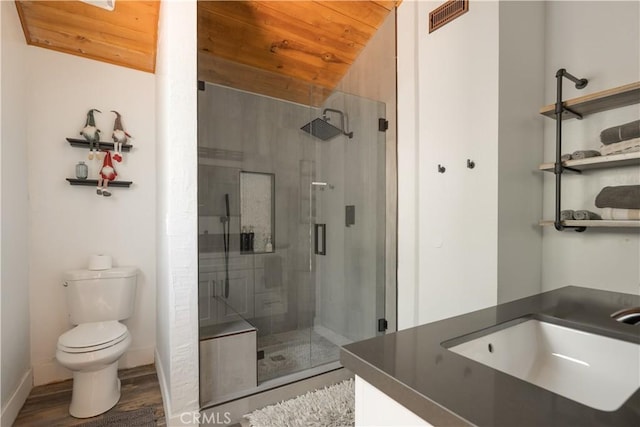 1315 Sequoia Dr, Lake Arrowhead, CA 92352 - bathroom with a stall shower, wood finished floors, wood ceiling, and vanity