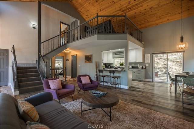 1315 Sequoia Dr, Lake Arrowhead, CA 92352 - living room with high vaulted ceiling, wood ceiling, stairway, wood finished floors, and a chandelier