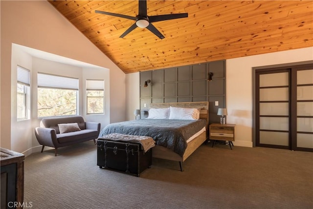 1315 Sequoia Dr, Lake Arrowhead, CA 92352 - bedroom featuring carpet, high vaulted ceiling, wood ceiling, and a ceiling fan