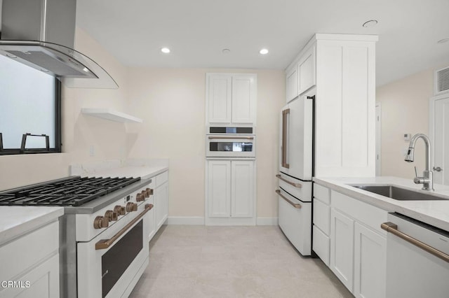 1194 Kingston Ln, Ventura, CA 93001 - kitchen featuring white appliances, a sink, wall chimney range hood, white cabinetry, and open shelves